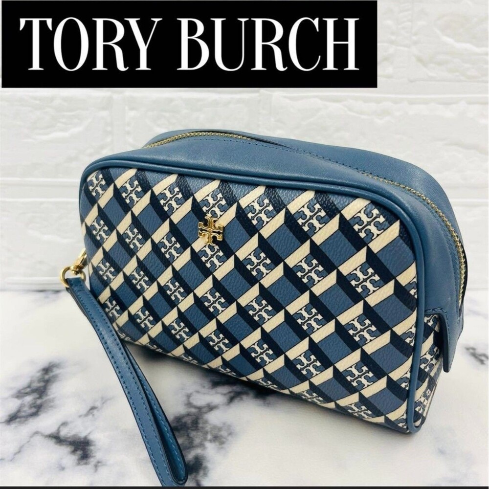 Tory Burch Wristlet Pouch Geometric T Monogram Blue Cream Gold Hardware